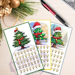 May include: Three Christmas-themed scratch-off cards featuring cartoon Christmas trees wearing Santa hats and scarves. Each card has a grid of light bulbs to scratch off. A red pen and a few dollar bills are also in the image.