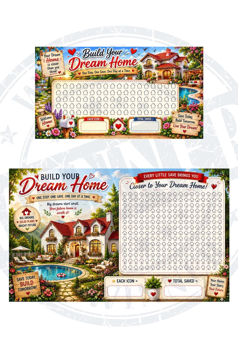 May include: A colorful savings tracker with the text "Build Your Dream Home." The design features a house, a pool, and the phrase "One Step. One Save. One Day at a Time." The tracker has spaces for savings goals.