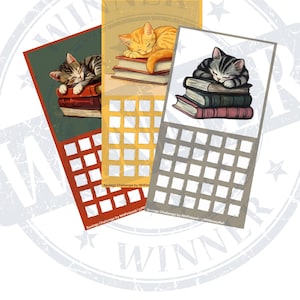 May include: Three colorful printable savings challenge cards featuring a cat sleeping on a stack of books. Each card has a grid of 30 squares for tracking savings goals. The text on the cards reads "Savings Challenge by MHFinland/PRiMoney Roll".