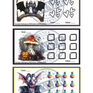 Juego de 3 mini desafíos de ahorro de Halloween Descargas digitales Paquete de impresiones de pequeños desafíos de ahorro Desafíos de relleno de efectivo Drácula y Murciélago