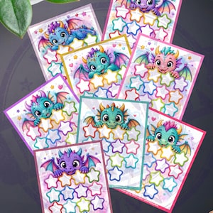 May include: A collection of seven rectangular savings challenge cards featuring colorful cartoon dragons peeking over rows of empty star-shaped outlines. Each card has a unique border color and includes small printed text at the bottom edge.