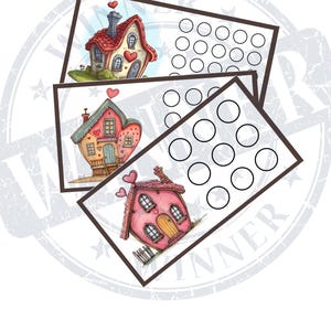 May include: Three printable cards featuring cute cartoon houses with hearts and a grid of circles for a game or activity. The cards are brown and white with a brown border.