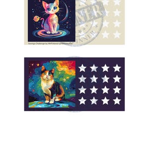 Puede incluir: Una ilustración colorida de un gato sentado en un planeta en el espacio. El gato está rodeado de estrellas y una nebulosa de colores arcoíris. El texto "Savings Challenge by MHFinland/@PRMoneyRoll" está en la parte inferior de la imagen.