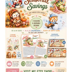Puede incluir: Un conjunto de desafíos de ahorro digital con ilustraciones estacionales de un pingüino, erizo, tortuga y panda rojo. El documento incluye texto como Seasonal Savings, 4 Seasons 8 Adorable Designs y A5 & A4 Sizes, mostrando varios diseños de rastreadores de presupuesto imprimibles.