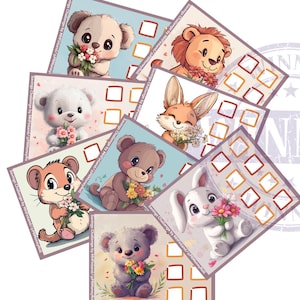 Könnte beinhalten: Eine Sammlung von illustrierten Spar-Challenge-Karten mit entzückenden Cartoon-Tieren, darunter ein Bär, ein Löwe, ein Fuchs, ein Kaninchen und ein Hamster, die jeweils Blumen halten. Die Karten haben einen hellblauen Hintergrund mit einem Raster aus Quadraten.
