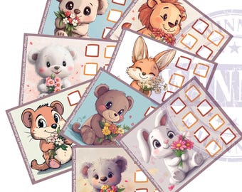 May include: A collection of illustrated savings challenge cards featuring adorable cartoon animals, including a bear, lion, fox, rabbit, and hamster, each holding flowers. The cards have a light blue background with a grid of squares and text that reads "Savings Challenge by MHFinland / @PRMoneyRoll."