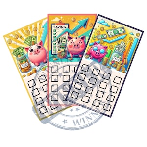 May include: A savings challenge bingo card with a colorful illustration of piggy banks, money, and a savings chart. The card has 25 squares with checkboxes for completing savings goals.