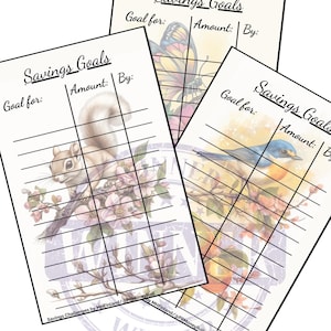 Peut inclure: Trois feuilles de "Objectifs d'épargne" avec des illustrations d'un écureuil, d'un papillon et d'un oiseau bleu. Chaque feuille comporte une grille pour suivre les objectifs d'épargne, avec des champs pour "Objectif", "Montant" et "Par".
