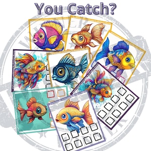 May include: A colorful game featuring six different fish illustrations. The game asks "How Big Fish Did You Catch?" and has a grid of squares to mark the size of the fish caught.