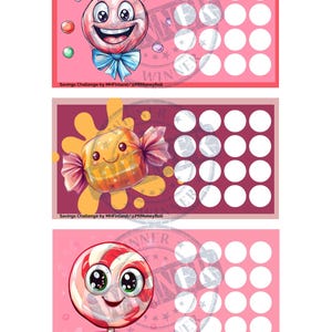 Peut inclure: Trois cartes de défi d'épargne colorées avec des bonbons de dessins animés. Chaque carte présente un design de bonbon différent : une sucette souriante avec un nœud bleu, un bonbon emballé et une sucette rouge et blanche. Chaque carte a une grille de cercles blancs.
