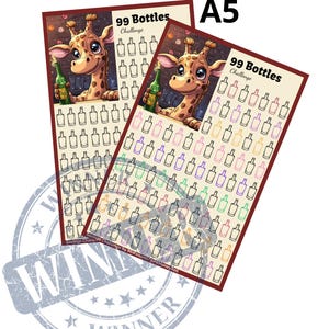 May include: A printable 99 Bottles Challenge chart featuring a cartoon giraffe holding a bottle. The chart has 99 empty bottles to color in as you complete the challenge. The text "99 Bottles Challenge" is at the top of the chart.