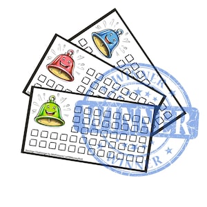 May include: Three colorful savings challenge cards with smiling bell illustrations. Each card has a grid of squares for tracking savings progress. A blue "WINNER" stamp is visible in the background. Text on the cards reads "Savings Challenge by MHFinland/ @PRMoneyRoll".