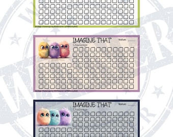 May include: Three colorful fuzzy owls with big eyes on a printable savings challenge chart. The chart has the words "Imagine That" and "Challenge" at the top. There are 100 squares to fill in to track savings progress.