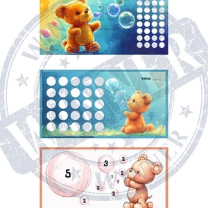 May include: Three printable charts featuring a cartoon teddy bear blowing bubbles. The charts are designed for a savings challenge and include a grid of circles to track progress. The text "Savings Challenge by MHFinland/PRMoneyRoll" appears on each chart.