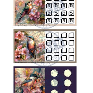Peut inclure: Trois cartes de défi d'épargne imprimables représentant des colibris colorés perchés sur des branches de fleurs roses et blanches. Chaque carte comporte une grille de carrés ou de cercles pour suivre les objectifs d'épargne. Le texte sur chaque carte indique "Savings Challenge by MHFinland/@PRMoneyRoll".
