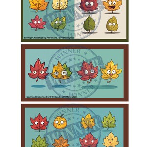 Könnte beinhalten: Drei Illustrationen von bunten Herbstblättern mit Gesichtern. Jedes Blatt hat einen anderen Ausdruck. Die Blätter sind von einem braunen Rahmen und einem blauen Hintergrund umgeben. Der Text "Savings Challenge by MHFinland/@PRMoneyRoll" befindet sich am unteren Rand jeder Illustration.