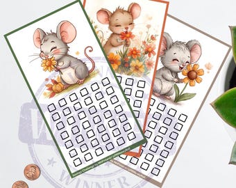 May include: Three illustrated savings challenge cards featuring adorable cartoon mice holding flowers. Each card has a grid of small squares for tracking savings. The cards are surrounded by money, coins, and colorful paperclips.