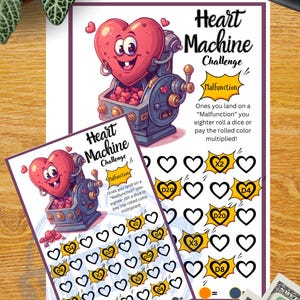 May include: A game board titled "Heart Machine Challenge" with a cartoon heart character and game instructions. The board features heart shapes, dice roll indicators, and the word "Malfunction".
