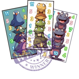 May include: Three colourful cards with illustrations of animals stacked on top of each other. The cards have numbers on them. The cards are part of a savings challenge game. The text on the cards reads "Savings Challenge by MHFinland/PRMoneyRoll".