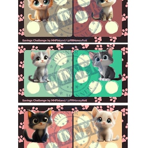 May include: Three printable cards with cute cartoon cats. Each card has a different colored background and a different cat. The cards have a circle in the middle with the word "winner" on it. The text "Savings Challenge by MHFinland/@PRMoneyRoll" is at the bottom of each card.