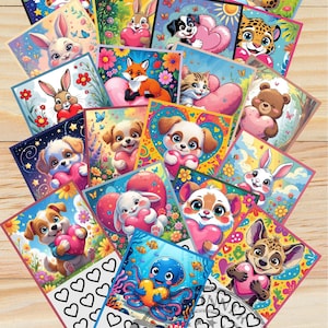 Può includere: Una collezione di carte quadrate e colorate con animali dei cartoni animati che tengono oggetti a forma di cuore. Le carte presentano vari animali come gatti, cani, conigli e un ghepardo, su sfondi vivaci con fiori e stelle.