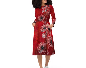 Red White Flower Dress All-over Print Long Sleeve Midi Dress Modest Red Dress Floral Summer Dress Church Red Spring Dress Party Dress Casual