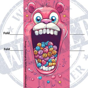 May include: A pink cartoon bear with a wide open mouth, filled with colorful balls numbered 1 through 9. The bear is surrounded by a pink background with scattered colorful dots and the text "Save 115$" at the top. The text "Savings Challenge by MHFinland/@PRMoneyRoll" is on the side of the bear's mouth.