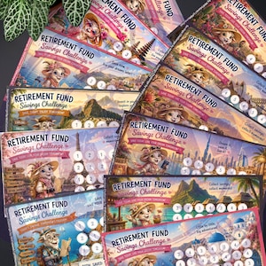 May include: A collection of rectangular paper retirement fund savings challenge trackers featuring illustrations of a cartoon goat traveler, various global landmarks, and circular spaces for tracking savings with the text Retirement Fund Savings Challenge.