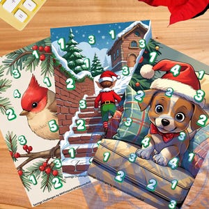 May include: A collection of Christmas-themed illustrations featuring a cardinal, an elf, and a puppy, each wearing a Santa hat. The images are numbered for a savings challenge, with a calculator and poinsettia in the background.