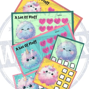 Könnte beinhalten: Ein Satz von vier druckbaren Spar-Challenge-Karten mit bunten, flauschigen Comicfiguren mit dem Text "A Lot Of Fluff" und "Savings Challenge by MHFluff".