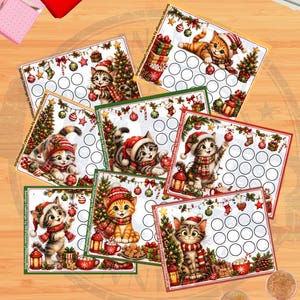 May include: A collection of rectangular savings challenge cards featuring illustrations of kittens wearing Christmas hats and scarves, surrounded by holiday decorations and empty circles for tracking progress, with the text Savings Challenge by MHFinland.