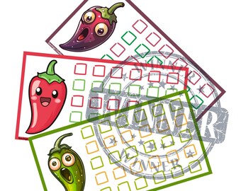 May include: Three colorful cards with cartoon peppers on them. Each card has a grid of squares with a red, green, or yellow border. The text "Savings Challenge by MRS.island/ @PRMomoneyRoll" is at the bottom of the green card.