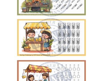 May include: Three illustrations of children's lemonade stands. The first stand has a woman selling plants. The second stand has two children selling lemonade. The third stand has two children selling shovels. Each illustration has a 'winner' stamp on it.