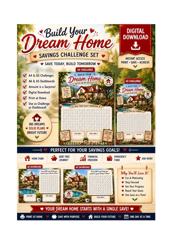 Build Your Dream Home Savings Challenge Bundle | A4 A5 Printable Challenges + A6 & A5 Dashboards