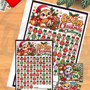May include: A printed savings challenge sheet titled 82 Egg Christmas Challenge featuring a cartoon owl in a Santa hat, holly, and rows of illustrated egg icons. Includes smaller cards with owl graphics and the text D4 and D6.
