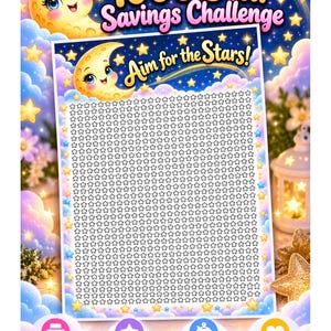 May include: A 1000 Star Savings Challenge tracker sheet featuring a cartoon crescent moon with a face, blue clouds, and a grid of 1000 empty star outlines. The text reads 1000 Star Savings Challenge, Aim for the Stars, and includes icons for printing, tracking, and digital downloads.
