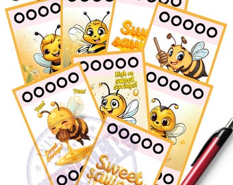 May include: A collection of illustrated cards featuring cartoon bees with the words "Sweet Savings!" and "High on Sweet Savings!". The cards have a savings challenge theme, with circles for tracking progress. A pen and calculator are also visible.