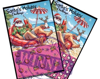 May include: Two lottery tickets with a Santa Claus theme. The tickets feature Santa relaxing on a beach with a drink, under an umbrella. The text "Santa's Holiday Challenge" is displayed on the top of the tickets. The word "WINNER" is stamped on the bottom.