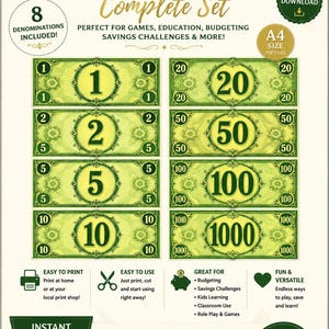 Op de afbeelding: Een digitale downloadset met speelgeld in acht denominaties, waaronder 1, 2, 5, 10, 20, 50, 100 en 1000. De groenkleurige biljetten staan in een raster op een A4-formaat met de tekst Prop Money Complete Set.