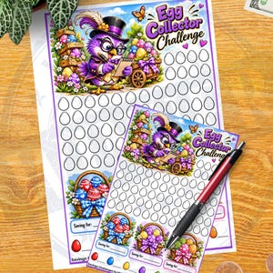 May include: A printed Egg Collector Challenge savings tracker sheet featuring a purple owl in a top hat, colorful Easter eggs, and multiple blank circles for tracking progress, accompanied by a black and red retractable ballpoint pen.