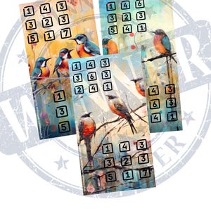 May include: Four colorful bingo cards with a watercolor background featuring birds on branches. The cards have numbers 1 through 7 in each square.