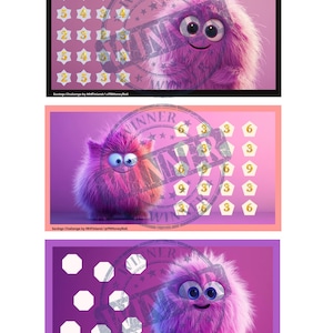 Könnte beinhalten: Drei rosa und lila flauschige Monsterillustrationen mit goldenen Sternen und Zahlen auf rosa Hintergrund. Der Text "Savings Challenge by MHFinland/PRMoneyRoll" befindet sich am unteren Rand jedes Bildes.