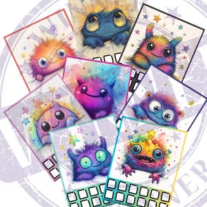 May include: A set of eight colorful monster illustrations with a rainbow color scheme and glitter accents. Each illustration is framed with a white border and stars. The illustrations are arranged in a random pattern. The text "Savings Challenge by MythIsland/Spoonful of Magic" is at the bottom of the image.