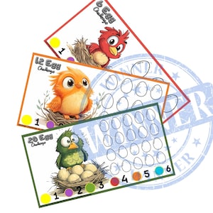 May include: Three colorful cards with cartoon birds and nests. Each card has a different number of eggs, 6, 12, and 20. The cards are part of a savings challenge.