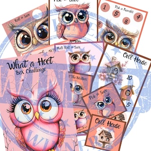 May include: A set of colorful game cards featuring illustrations of owls with large eyes. The cards have different game instructions, such as "Roll & Save", "Pick & Save", "Multi Roll & Save", "Pick a Number", and "Owl House".