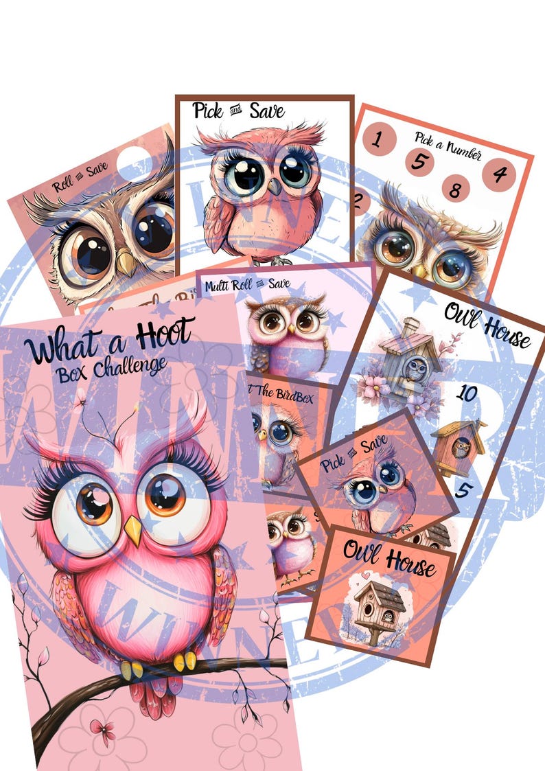 May include: A set of colorful game cards featuring illustrations of owls with large eyes. The cards have different game instructions, such as "Roll & Save", "Pick & Save", "Multi Roll & Save", "Pick a Number", and "Owl House".