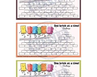 May include: A printable savings challenge chart with a brick wall design. The chart features a group of colorful cartoon bricks walking across the top of the wall. The text "One brick at a time! Challenge" is at the top of the chart. The chart is designed to help people save money one brick at a time.