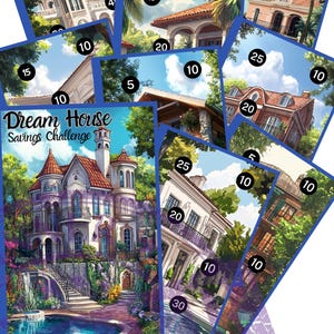 May include: A colorful game board with images of houses and numbers. The game is called "Dream House Savings Challenge".
