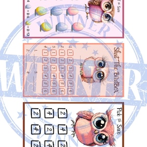May include: Three printable game cards featuring a cartoon owl with large eyes. The first card has a pink background and shows a grid of six colorful eggs. The second card has a pink background and shows a grid of 18 numbers. The third card has a brown background and shows a grid of nine numbers.