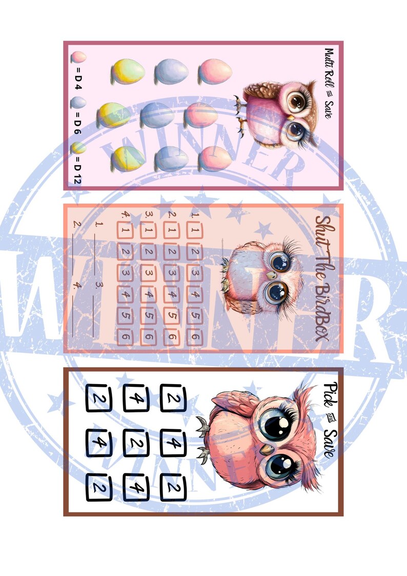 May include: Three printable game cards featuring a cartoon owl with large eyes. The first card has a pink background and shows a grid of six colorful eggs. The second card has a pink background and shows a grid of 18 numbers. The third card has a brown background and shows a grid of nine numbers.